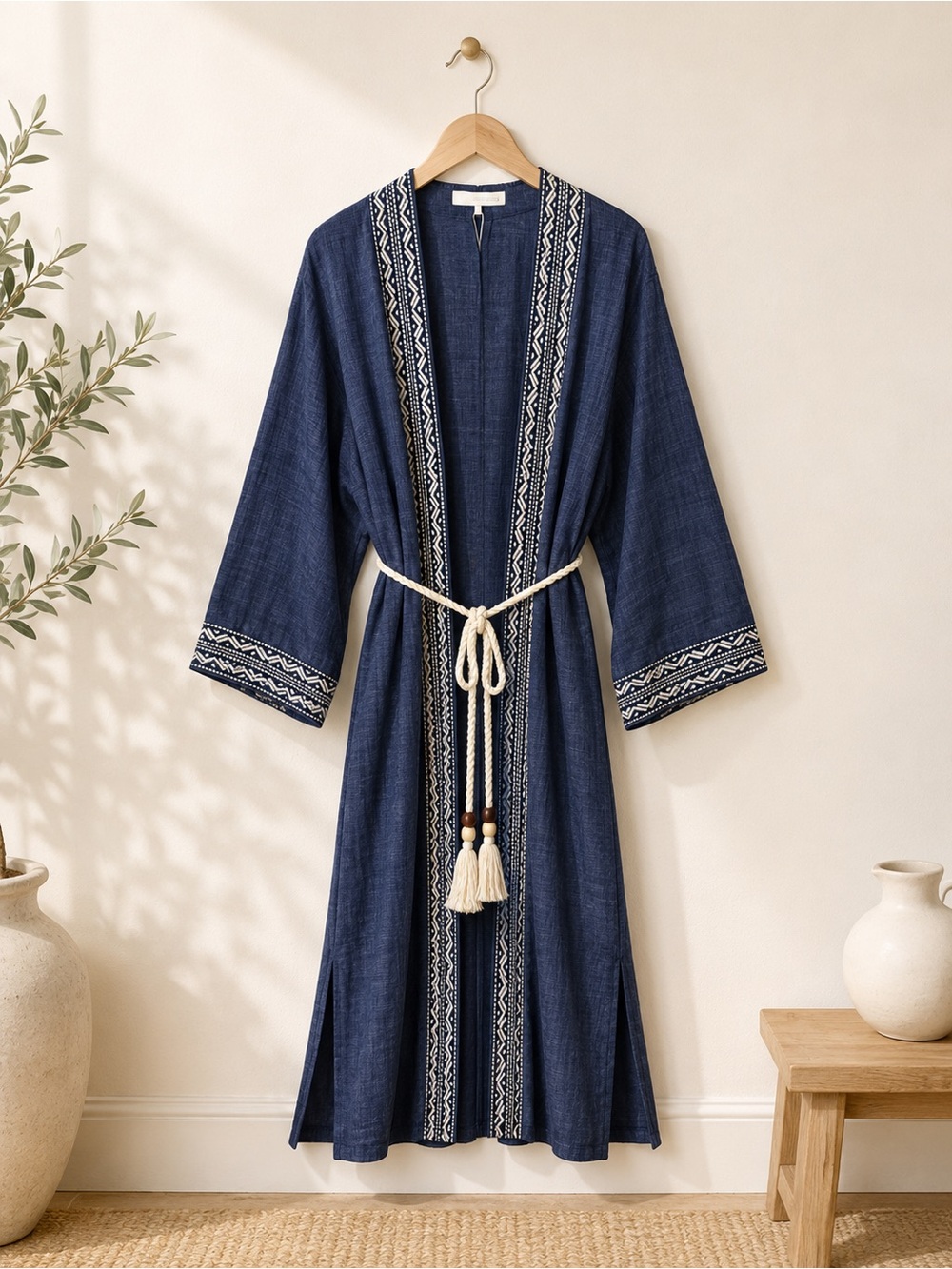 Zara Indigo Blue Embroidered Belted Kimono Linen Blend